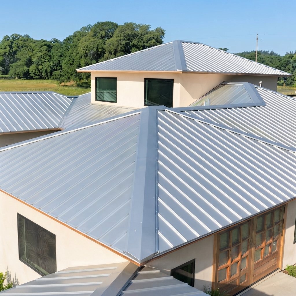 Multi-level house roofed with galvanized box profile sheets