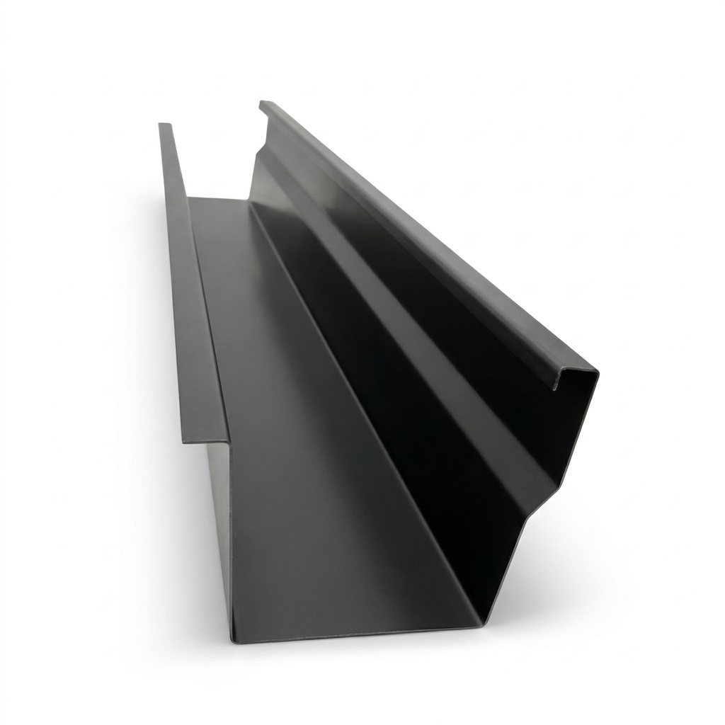 Rain gutters formed from steel sheet