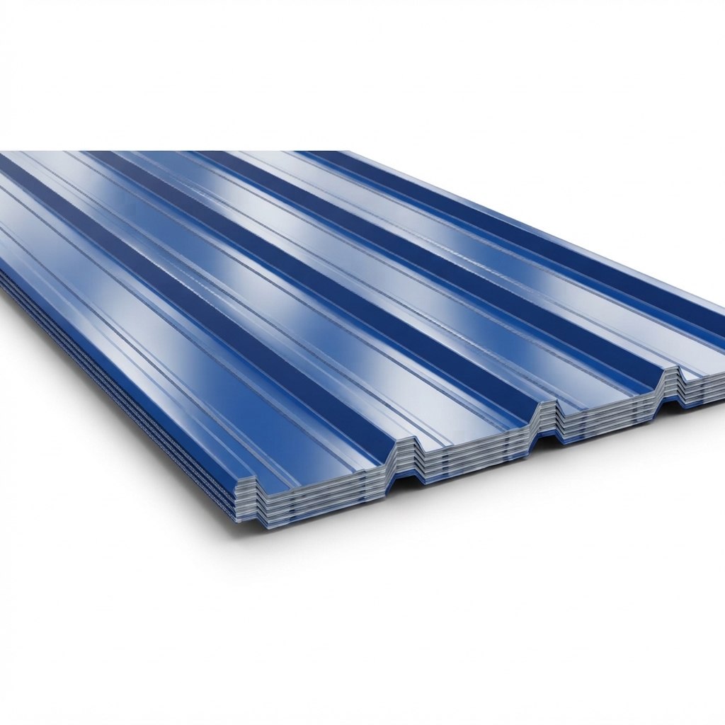 Stack of blue prepainted corrugated sheets