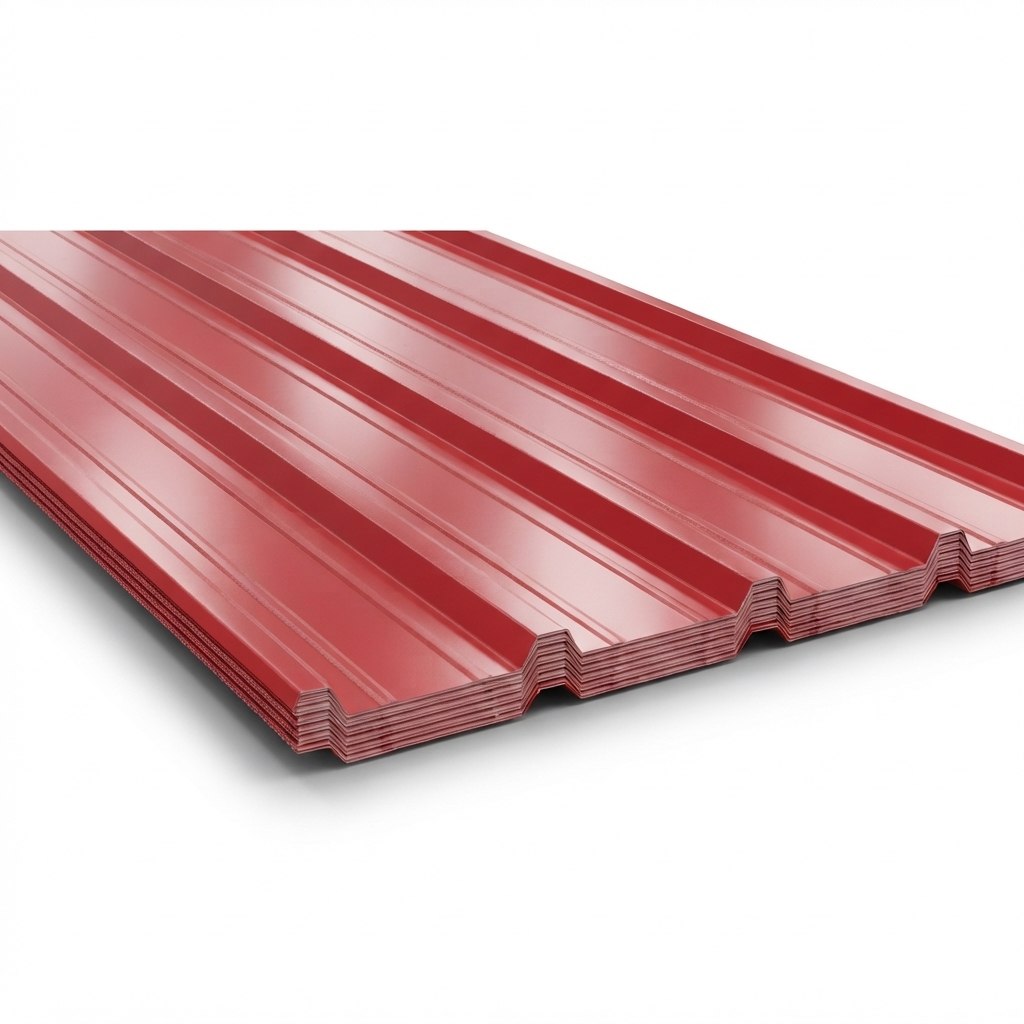 Stack of crimson red prepainted (PPGI) corrugated sheets